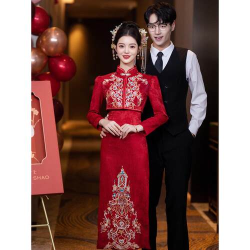 祝酒礼服新娘冬季结婚礼服返乡订婚礼服修身Look新中国风旗袍套装