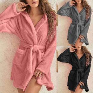 bathrobe warm 法兰绒睡袍浴衣珊瑚绒连帽家居服新 winter Womens