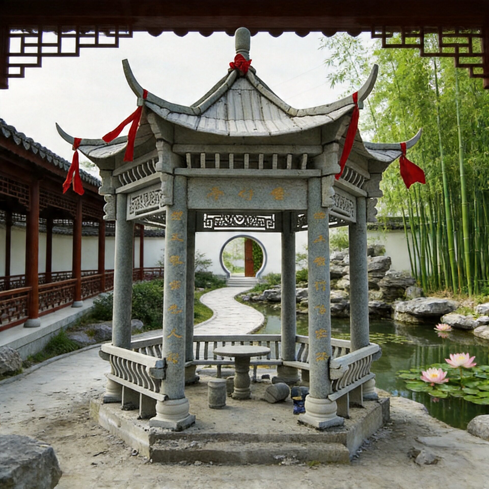 石雕凉亭户外花岗岩石亭中式石雕四角六角凉亭寺院古建单双层亭子
