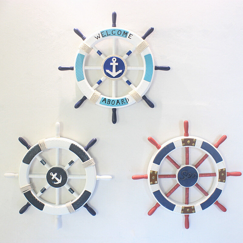 地中海风格创意家居45cm木质船舵摆件墙壁舵手挂饰幼儿园装饰品