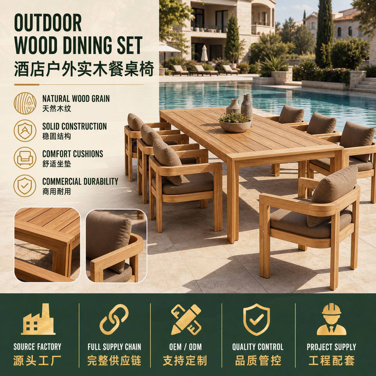 户外桌椅柚木餐厅露天庭院度假村防水防晒休闲加长户外实木餐桌椅
