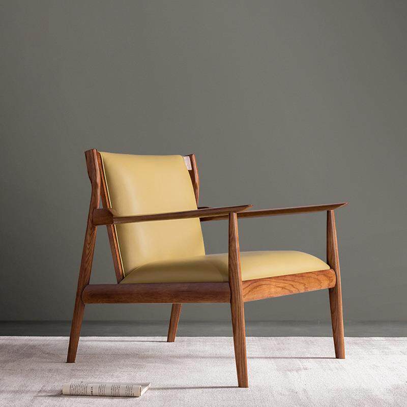 实木皮艺沙发椅北欧简约小户型客厅单人休闲椅子靠背扶手躺椅午休