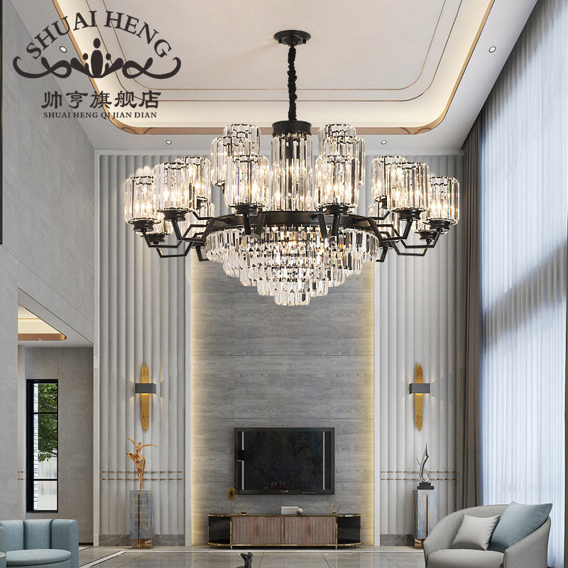轻奢客厅水晶吊灯新中式高档黑色现代简约别墅大厅自建房工厂灯饰