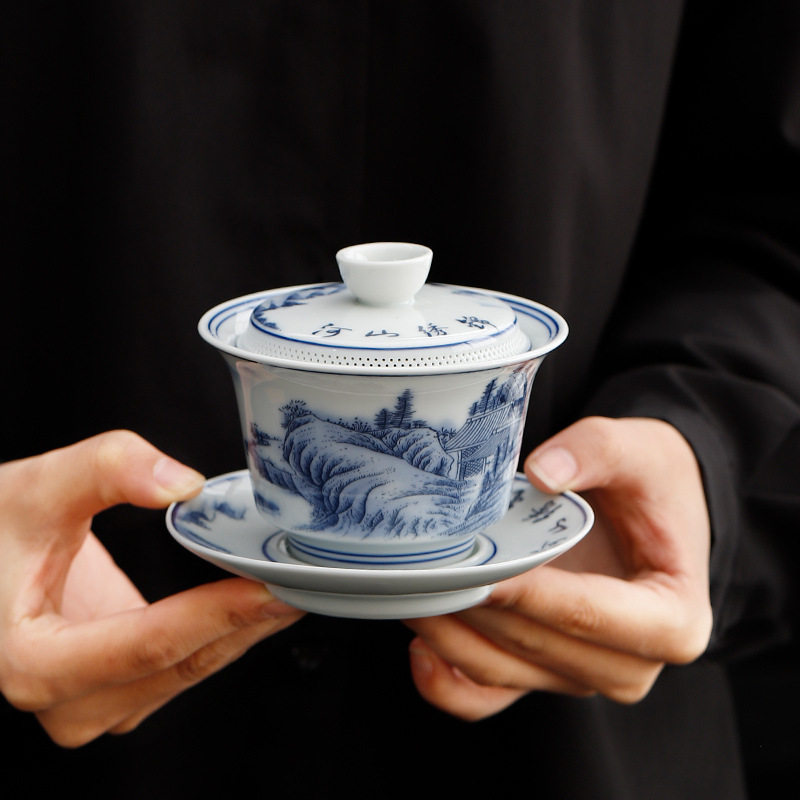 白瓷功夫三才盖碗自带过滤青花悬停盖碗敬茶茶碗茶室品茗茶杯茶器