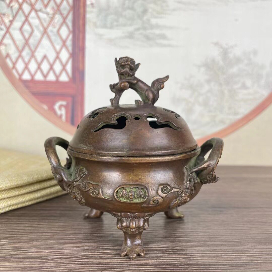 仿古铜器狮盖炉宣德三足炉家用檀香沉香香炉熏香炉茶道茶台摆件