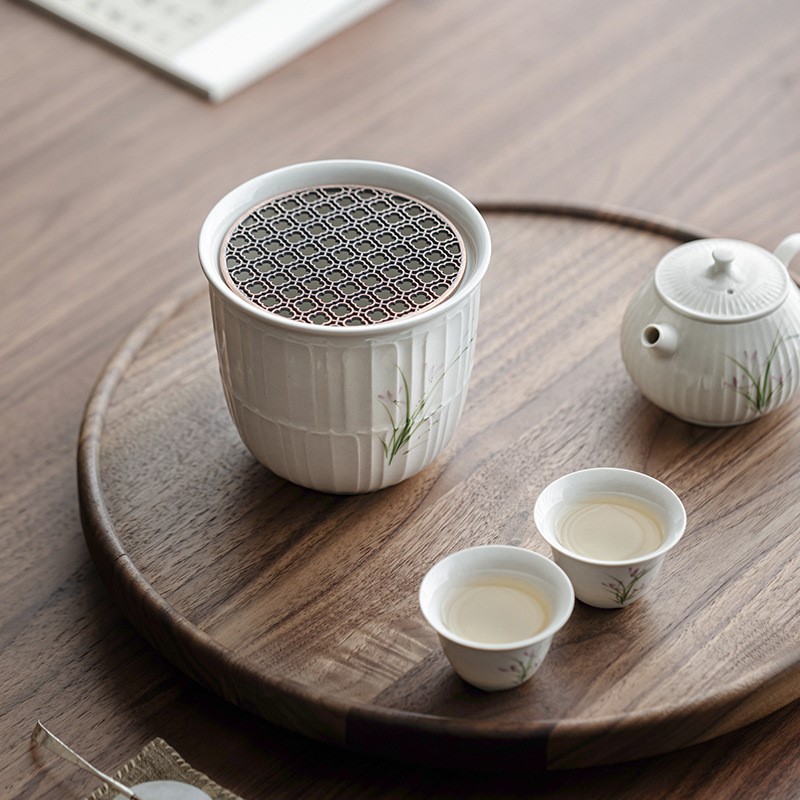 草木灰手绘建水陶瓷茶洗茶渣缸水盂带盖日式家用盖碗茶具壶承干泡