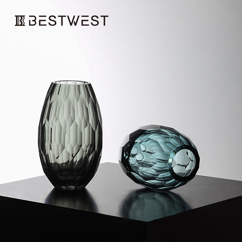 Best west 加厚椭圆形轻奢玻璃花瓶摆件 样板房家居软装饰品花器