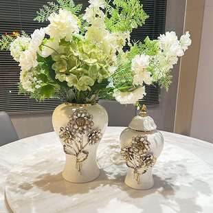 轻奢陶瓷手工贴花将军瓶电镀金色插花花瓶样板房玄关客厅花店摆件