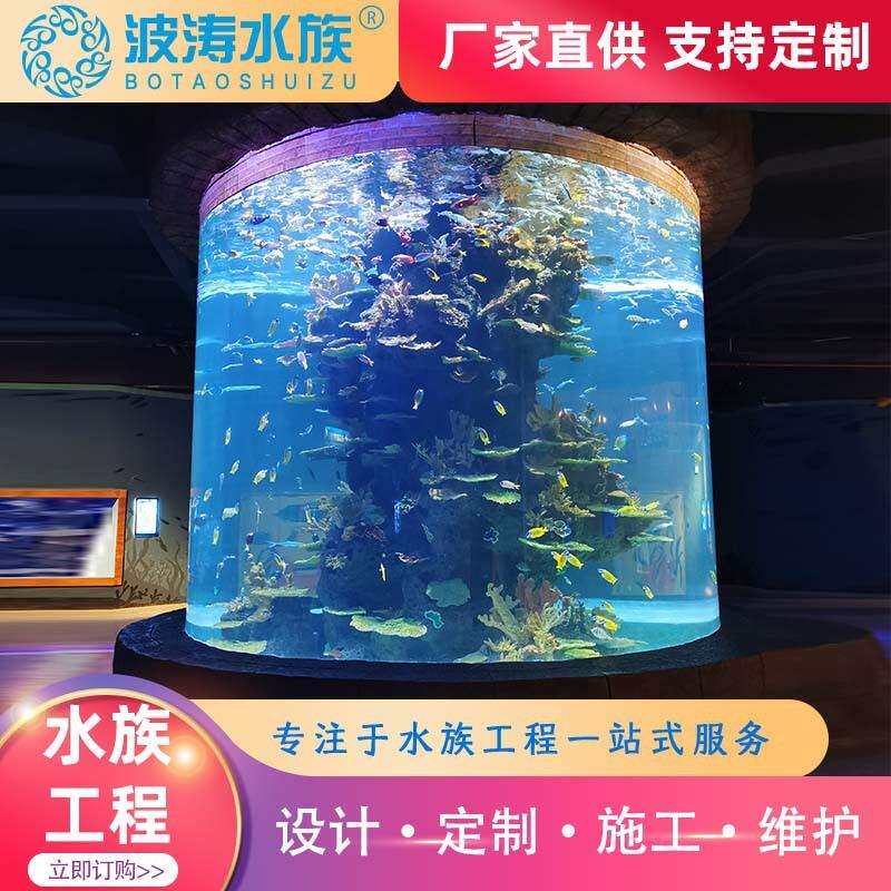 上海波涛水族圆柱形鱼缸大型观赏鱼缸设计施工加厚亚克力圆形鱼缸