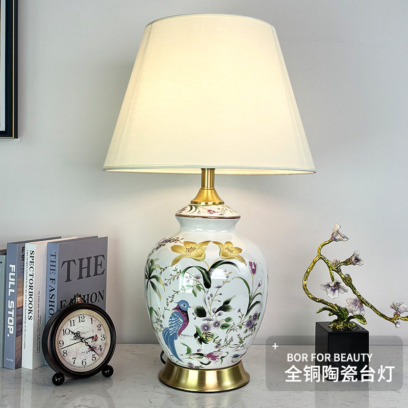 美式复古全铜花鸟陶瓷台灯大号