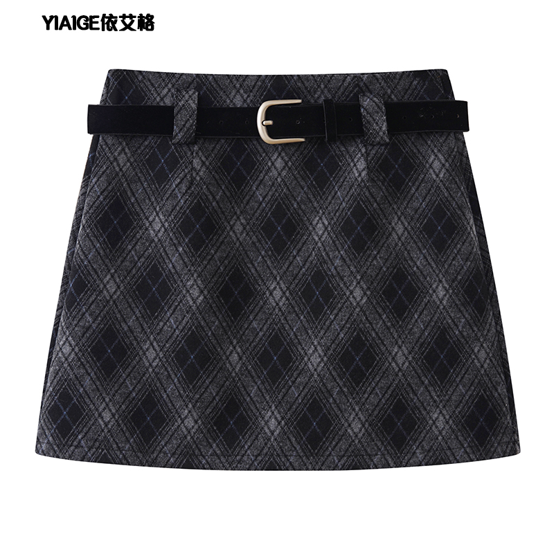复古格纹毛呢半身裙女2025新款秋冬季小个子辣妹高腰a字包臀短裙