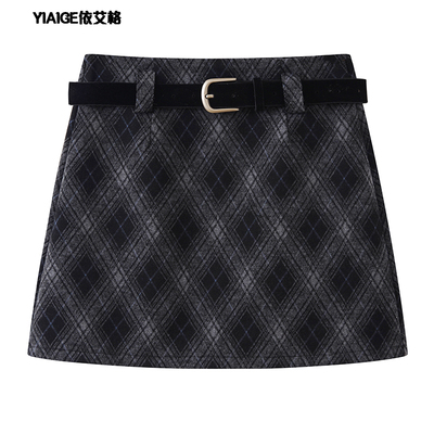 复古格纹毛呢半身裙女202