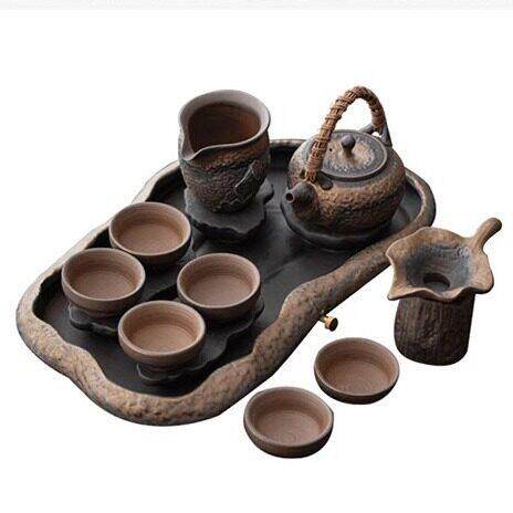 粗陶干泡台功夫茶具套装家用档茶壶茶杯干泡茶盘储水茶盘壶承盘