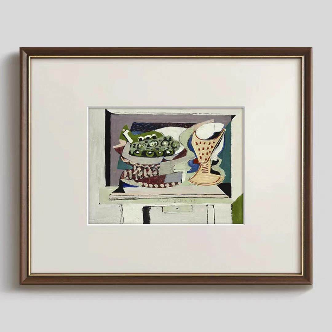 葡萄酒与托盘》餐厅静物画法式小众艺术装饰画北欧复古中古风挂画
