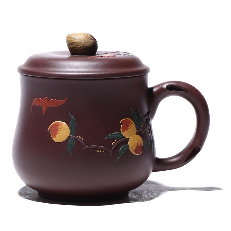 紫砂茶杯宜兴原矿紫泥寿桃盖杯家用茶具礼品LOGO货