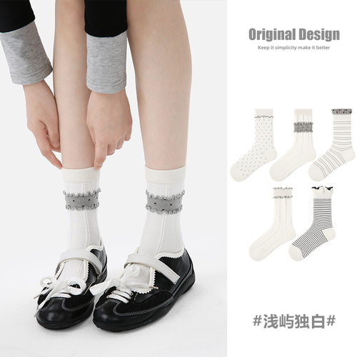 R5080袜子春秋复古浅屿独白袜子女款中筒袜棉透气运动复古袜子女