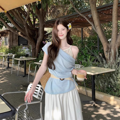 温柔风露肩薄款叠穿外搭上衣荡领短袖针织衫女2025夏季新款设计感