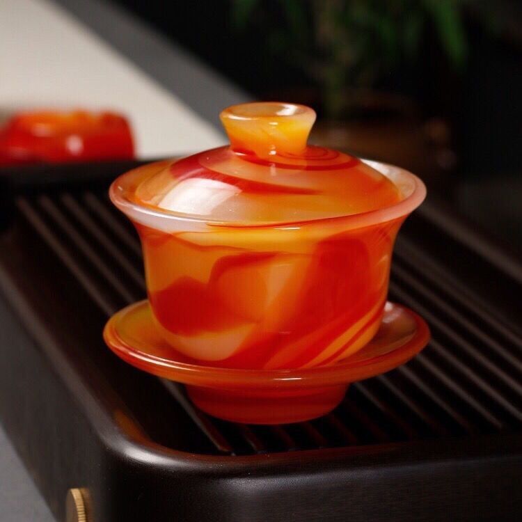 天然红玛瑙玉石茶杯盖碗高档家用