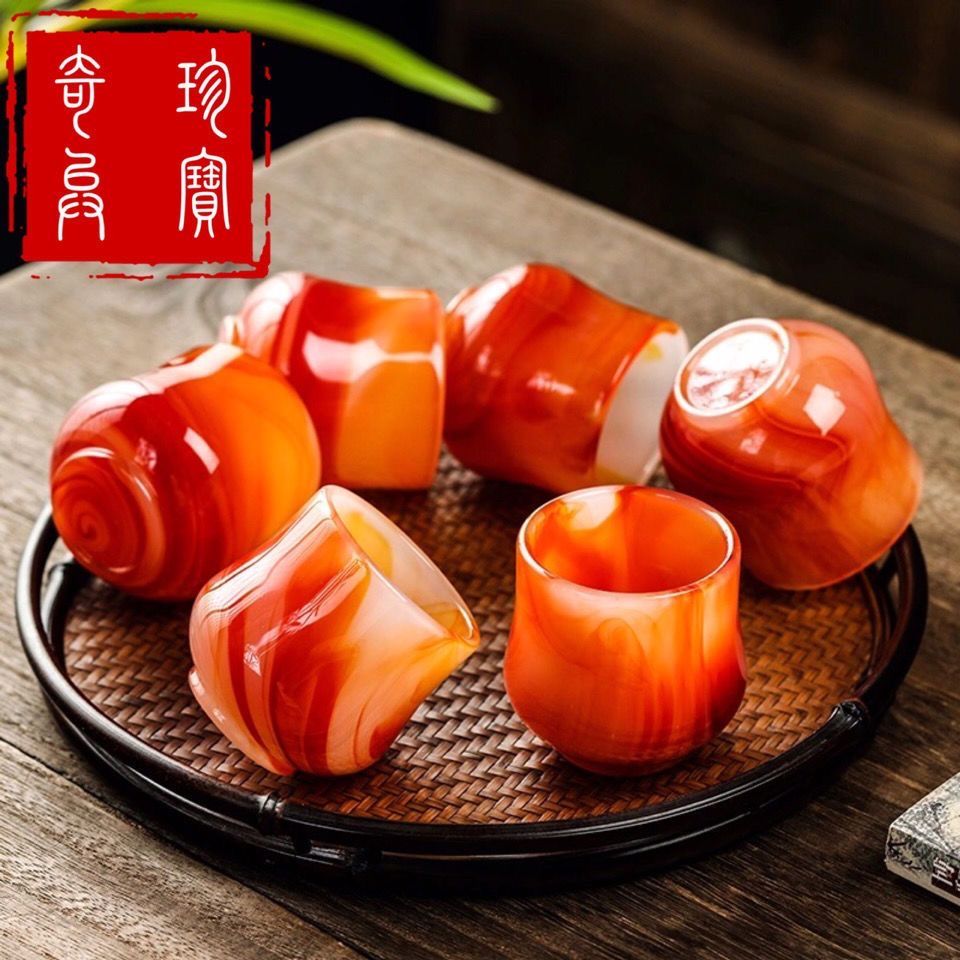 天然红玛瑙玉石茶杯酒杯功夫茶具养生高端玉石单个主人杯套装玉器