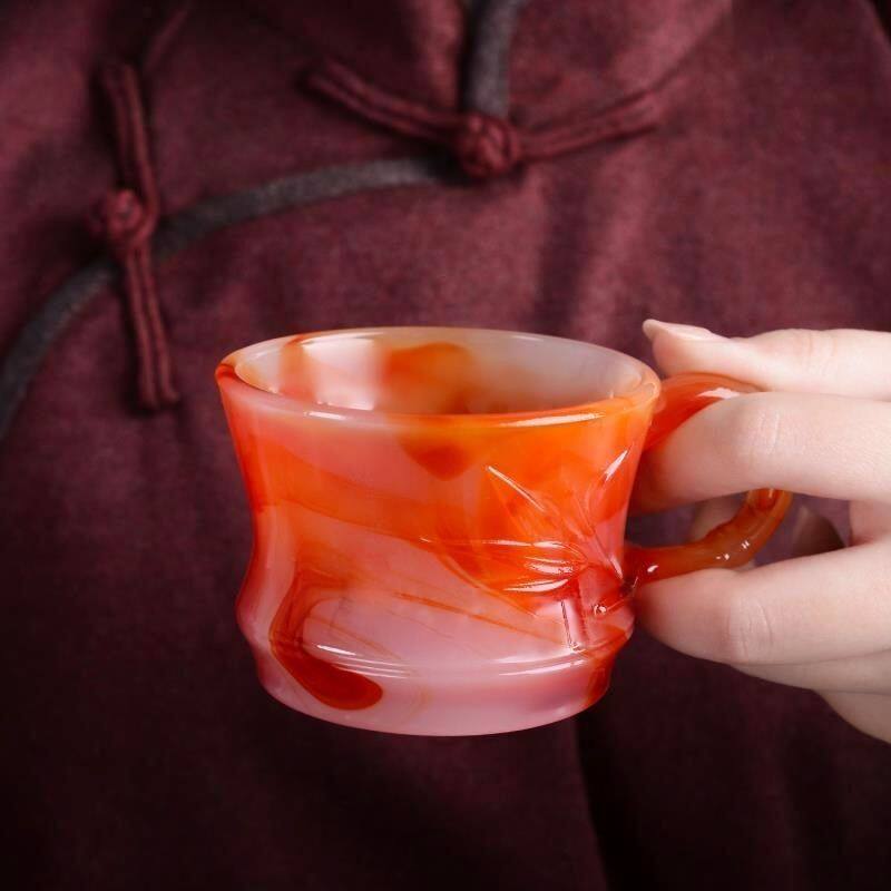 纯天然玉石手工带把玛瑙茶杯竹节水杯高高颜值中式茶杯主人杯专用
