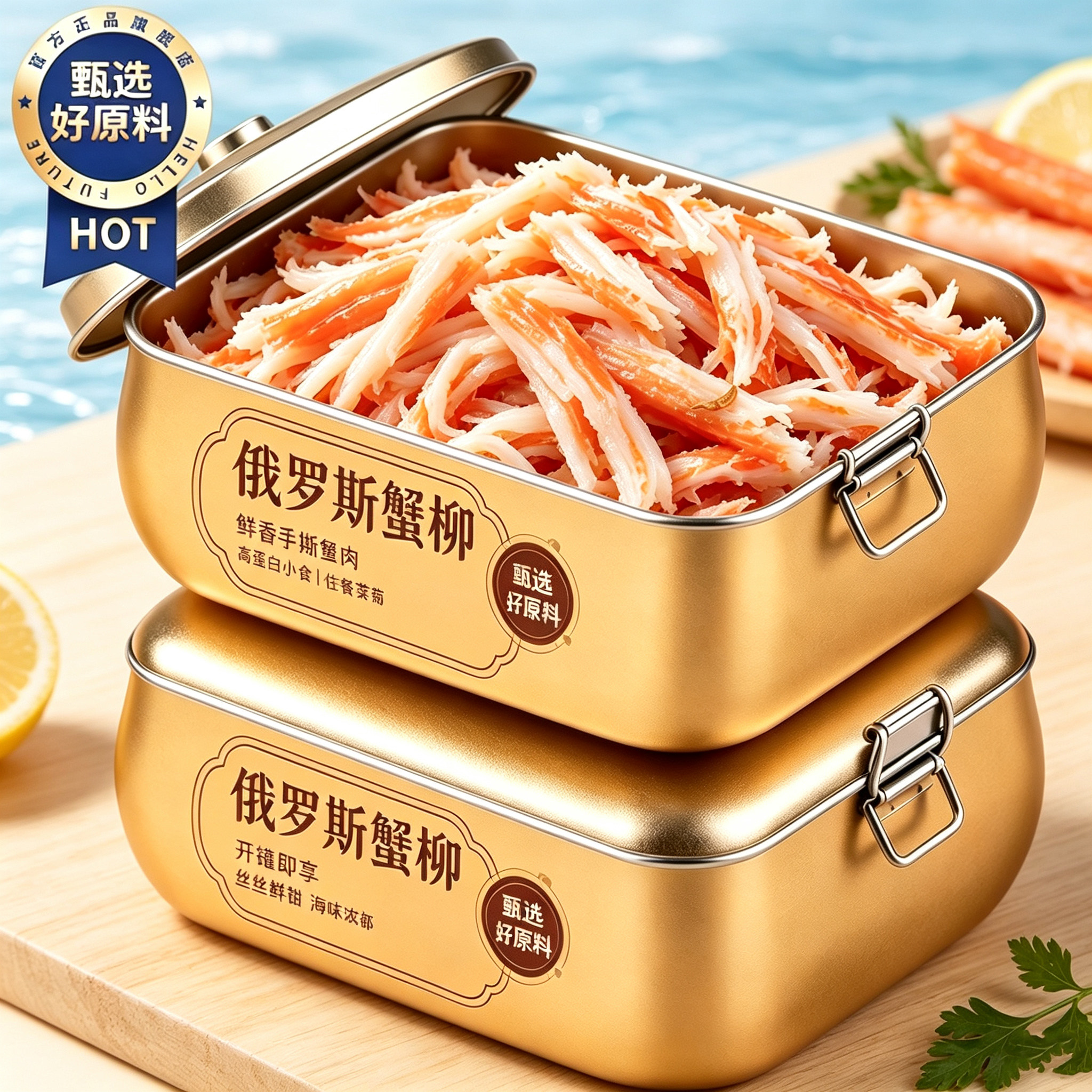 俄罗斯进口蟹柳肉罐头帝王蟹腿开盖即食海鲜零食熟食寿司炒饭海味图片