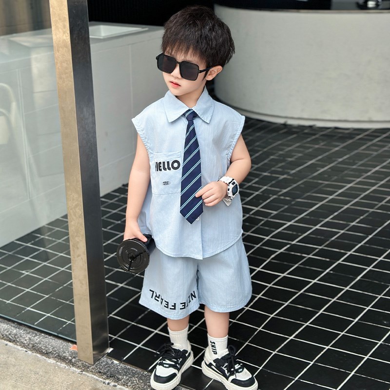 现货痞帅男童夏装背心套装2024新款夏季儿童风小西装男宝夏天衣服