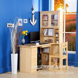 实木电脑桌松木书桌柜一体组合儿童卧室学习桌转角写字桌带书架