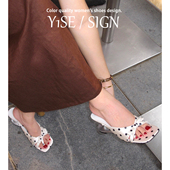 一脚蹬蝴蝶结绝美高跟鞋 小香风白色波点坡跟拖鞋 女夏外穿2026新款