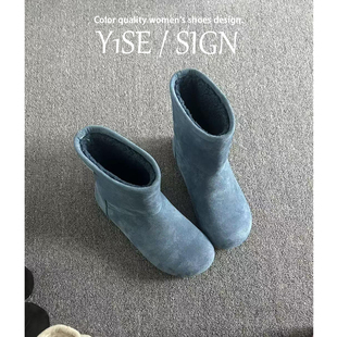 磨砂牛皮~桑坡蓝色加绒两穿雪地靴女冬2025新款东北棉鞋复古短靴