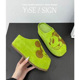 可爱米奇厚底增高6cm勃肯鞋女2025秋季新款休闲懒人真皮包头半拖