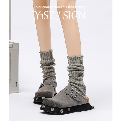 灰色增高厚底一脚蹬包头半拖鞋女