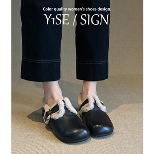 黑色扣带加绒全包勃肯鞋女外穿2025秋冬季新款复古厚底毛毛棉单鞋