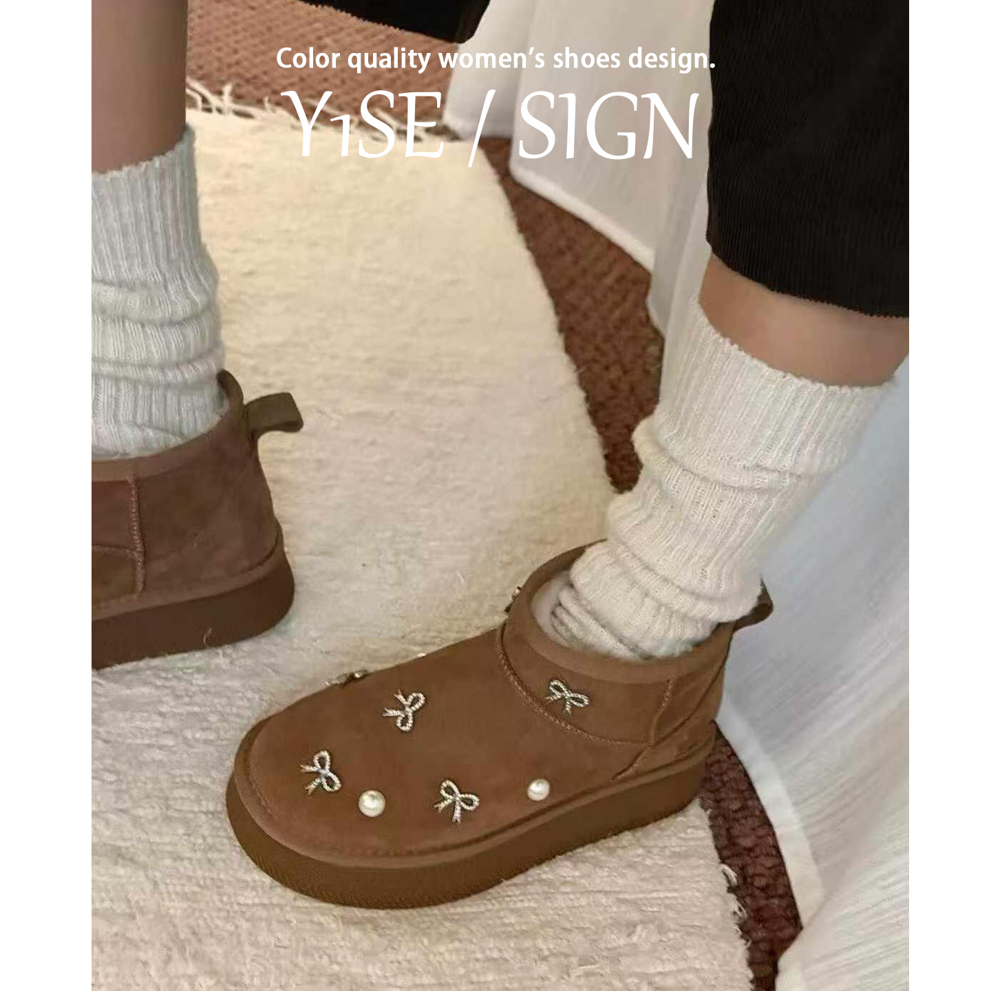 真牛皮~水钻蝴蝶结毛毛雪地靴