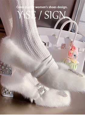 法式白色高跟毛毛鞋仙女风加绒保暖棉鞋蝴蝶结方头玛丽珍单鞋粗跟