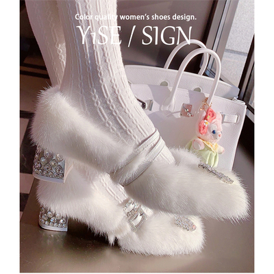 法式白色高跟毛毛鞋仙女风