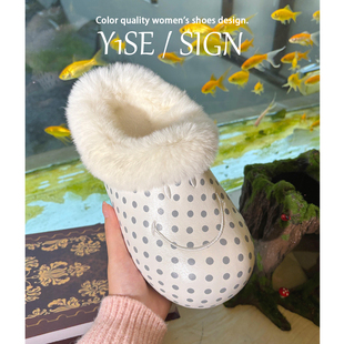 白色波点笑脸毛毛勃肯鞋内增高女冬外穿2025新款加绒厚底包头棉鞋
