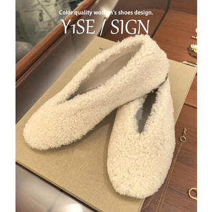羊羔毛白色毛绒浅口单鞋女冬外穿加绒保暖豆豆鞋一脚蹬超火毛毛鞋