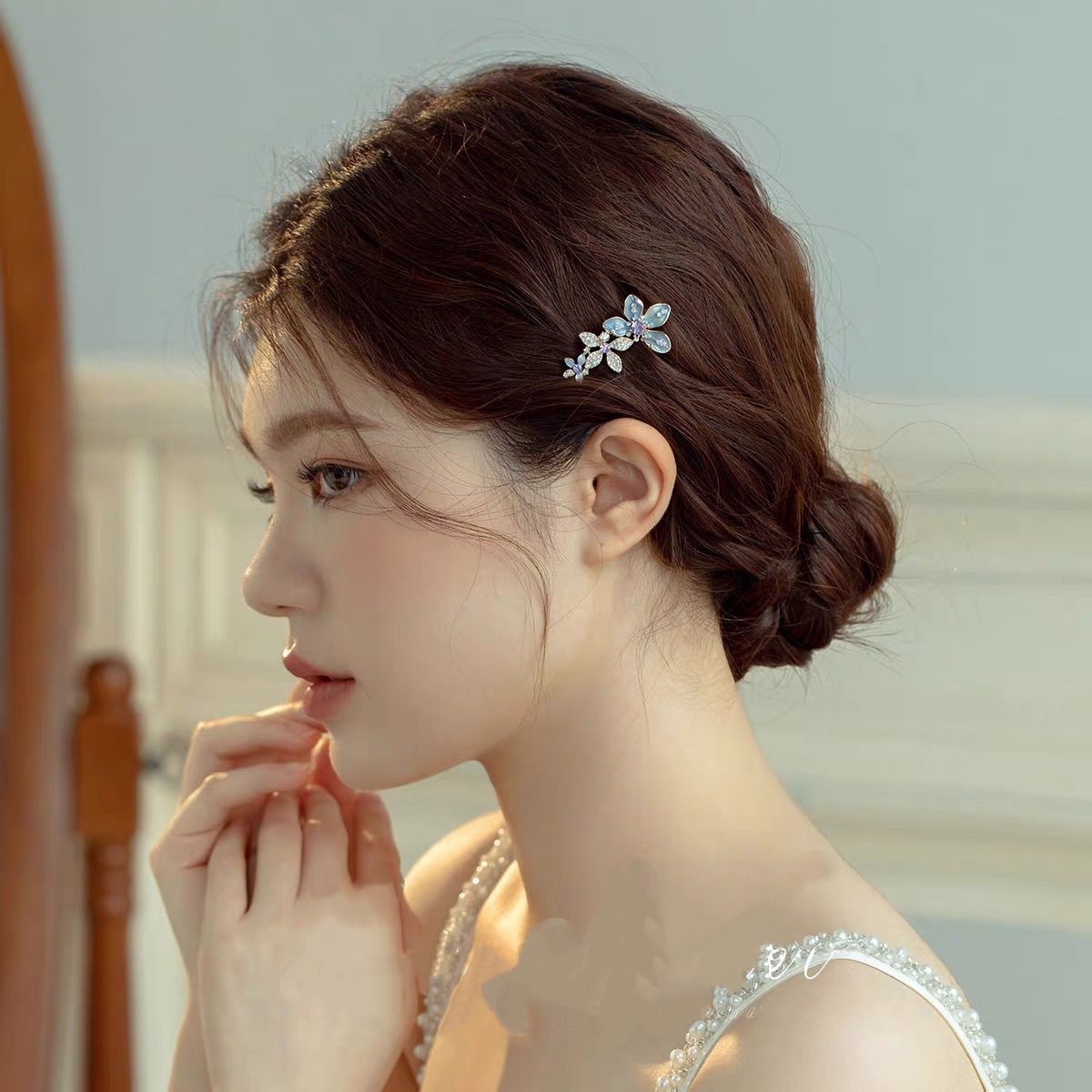 迷你蓝色精致小发夹复古花朵