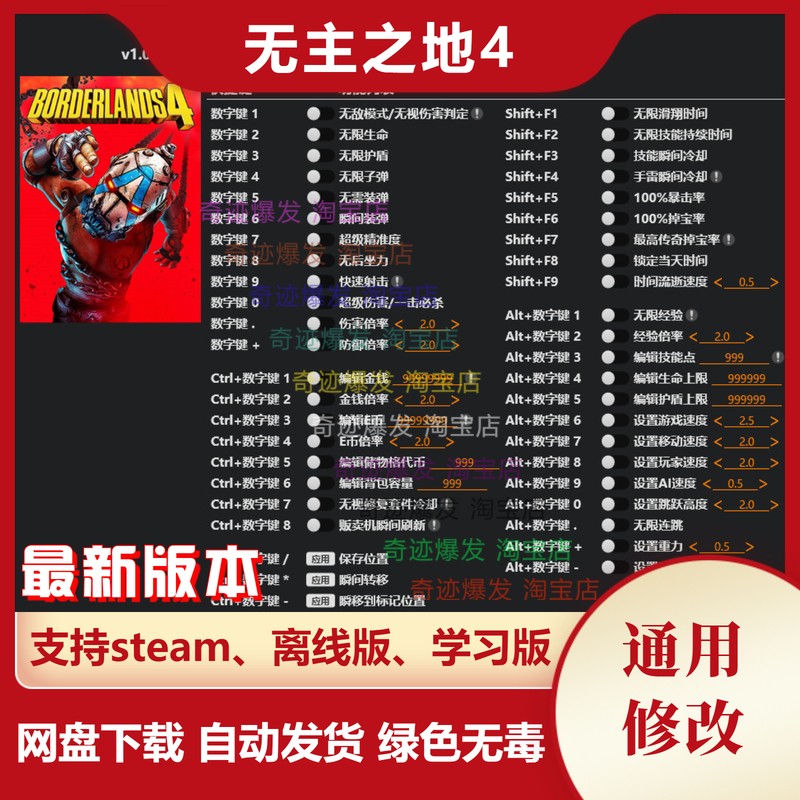 无主之地4 修改器 steam电脑辅助教程不含游戏修改掉宝经验金钱