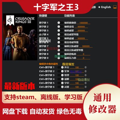十字军之王3修改器王国风云3 steam 电脑辅助教程秘籍 不含游戏