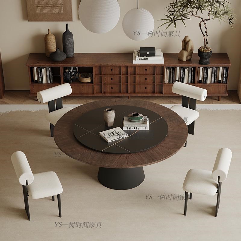 中古风可变形伸缩餐桌家用小户型圆桌可定制岩板带转盘变大圆桌