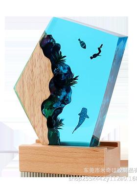 海洋微景观实木树脂摆件工博物展览龟潜水员手制XSB作树脂海工灯