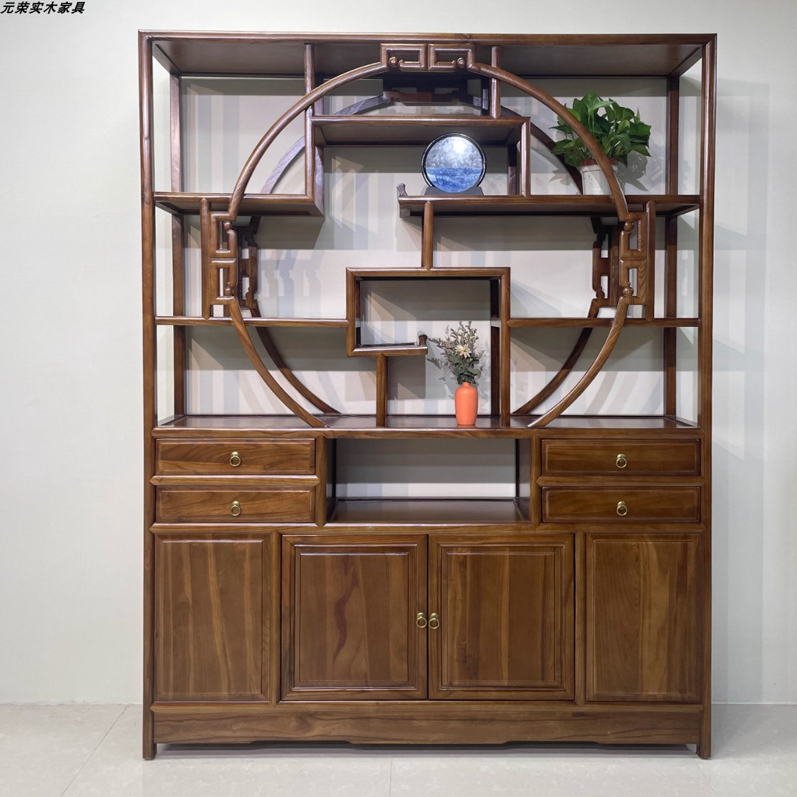 客厅落地矮柜书架茶架实木茶柜收纳柜置物一体实木榫卯结构博古架