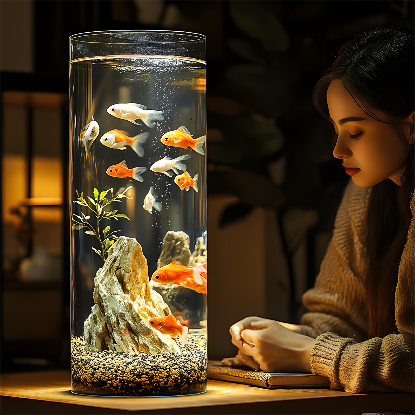 善圣味超白亚克力鱼缸透明仿玻璃金鱼缸圆形圆柱形客厅桌面小型防