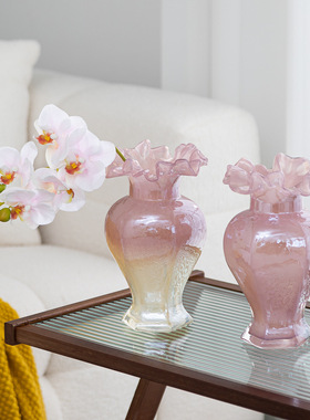 2025新款复古粉色玻璃花瓶中古风轻奢家居琉璃插花艺术装饰美器