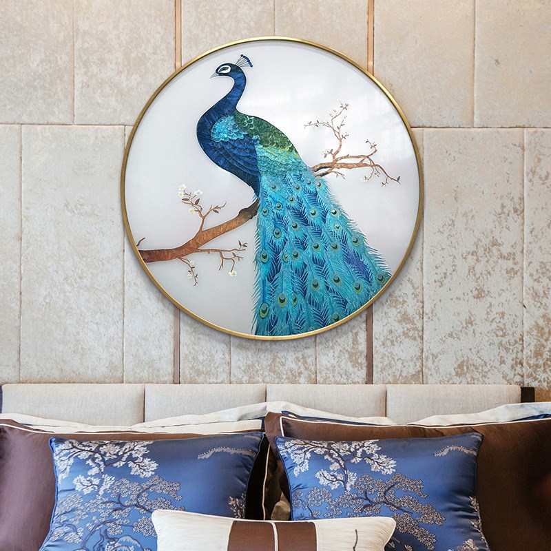 速发纯手工彩装饰画新中式圆形孔雀玻璃工艺挂画玄关餐厅卧室壁画图片