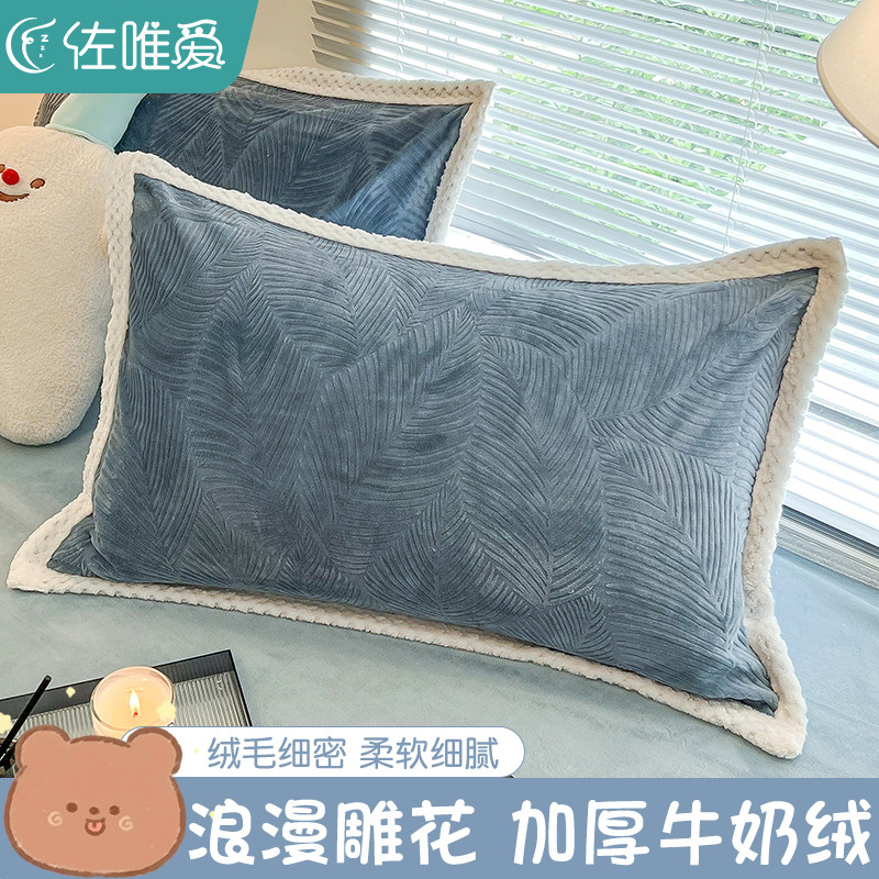 速发胆约高端冬绒牛奶绒枕套一对珊瑚绒枕头套加厚加季蓝色枕芯内