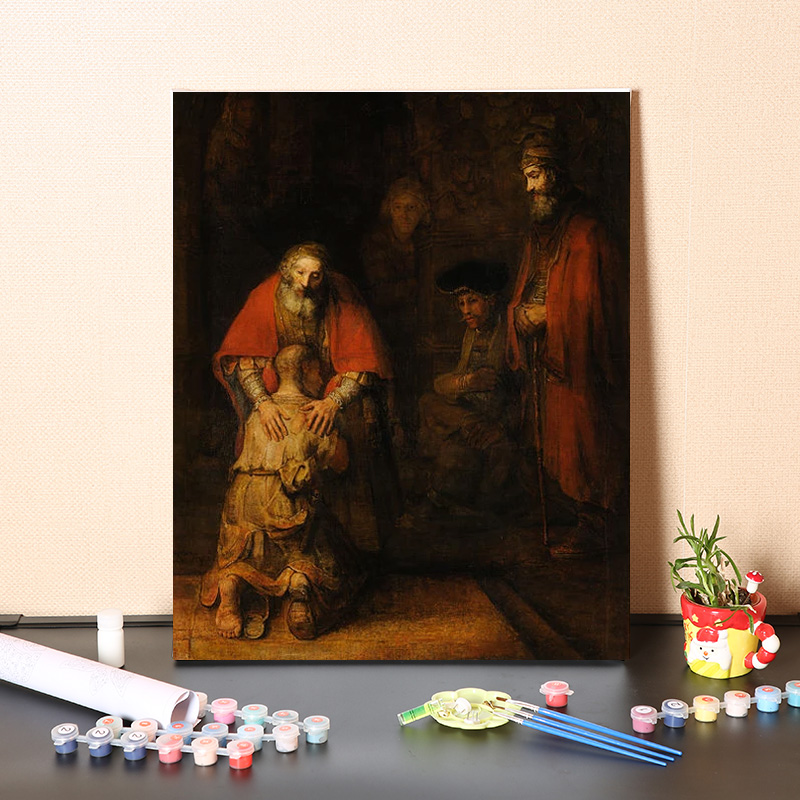 速发数彩油画手工填充世界名画伦勃朗败家子的归来手绘涂色油字画