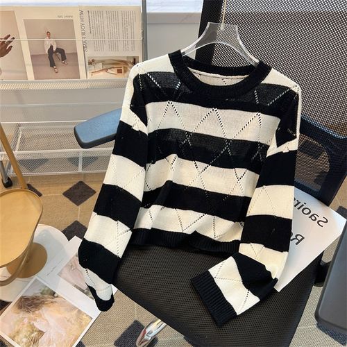 速发202新款套时条慵镂空针织衫头尚纹懒风休闲宽松毛衣潮