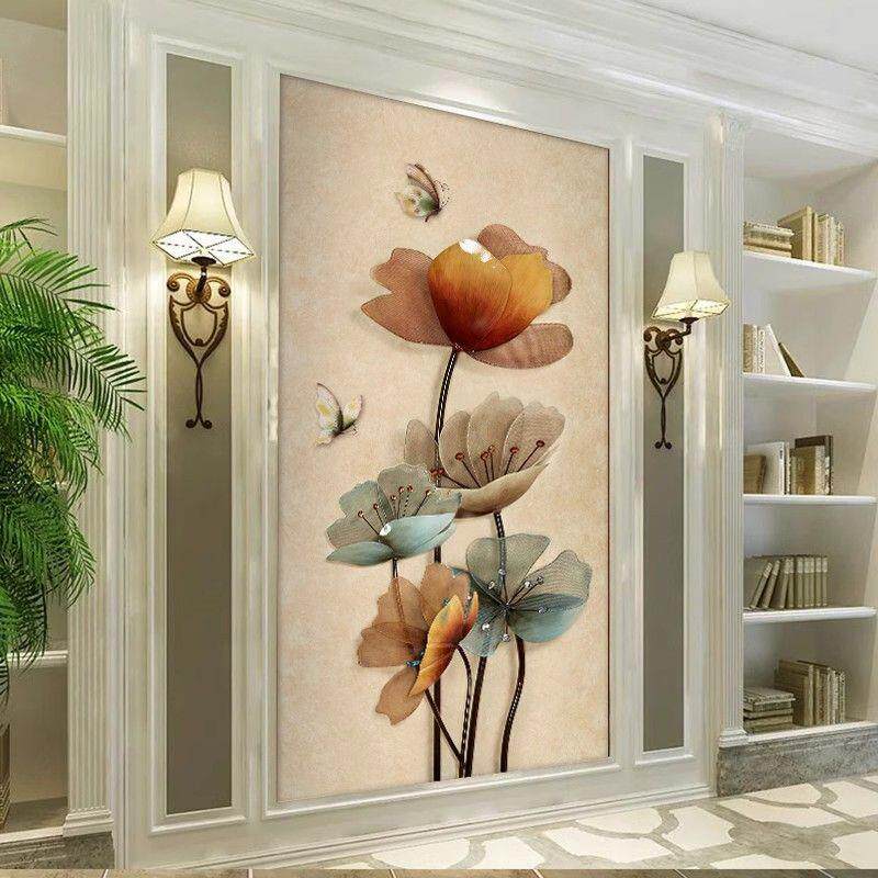 新中式5D玄关壁纸现代简约水墨荷花走廊过道壁画入户门进门墙纸